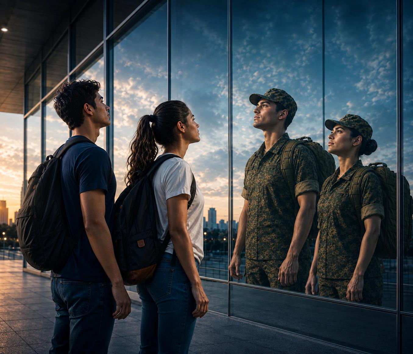Dois jovens observam na vitrine o reflexo de si mesmos como militares